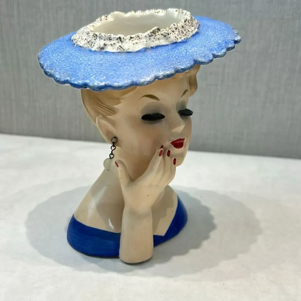 Vtg 50s Napco Glamour Girl Lady Head Vase 1958 Blue Hat Hand Up Eyelashes C3307A